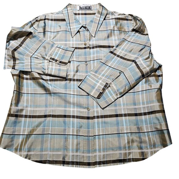 Carlisle Womens Plaid Button-Up Shirt 3/4 Sleeves Size 18 100% Silk Beige & Blue - Picture 4 of 11